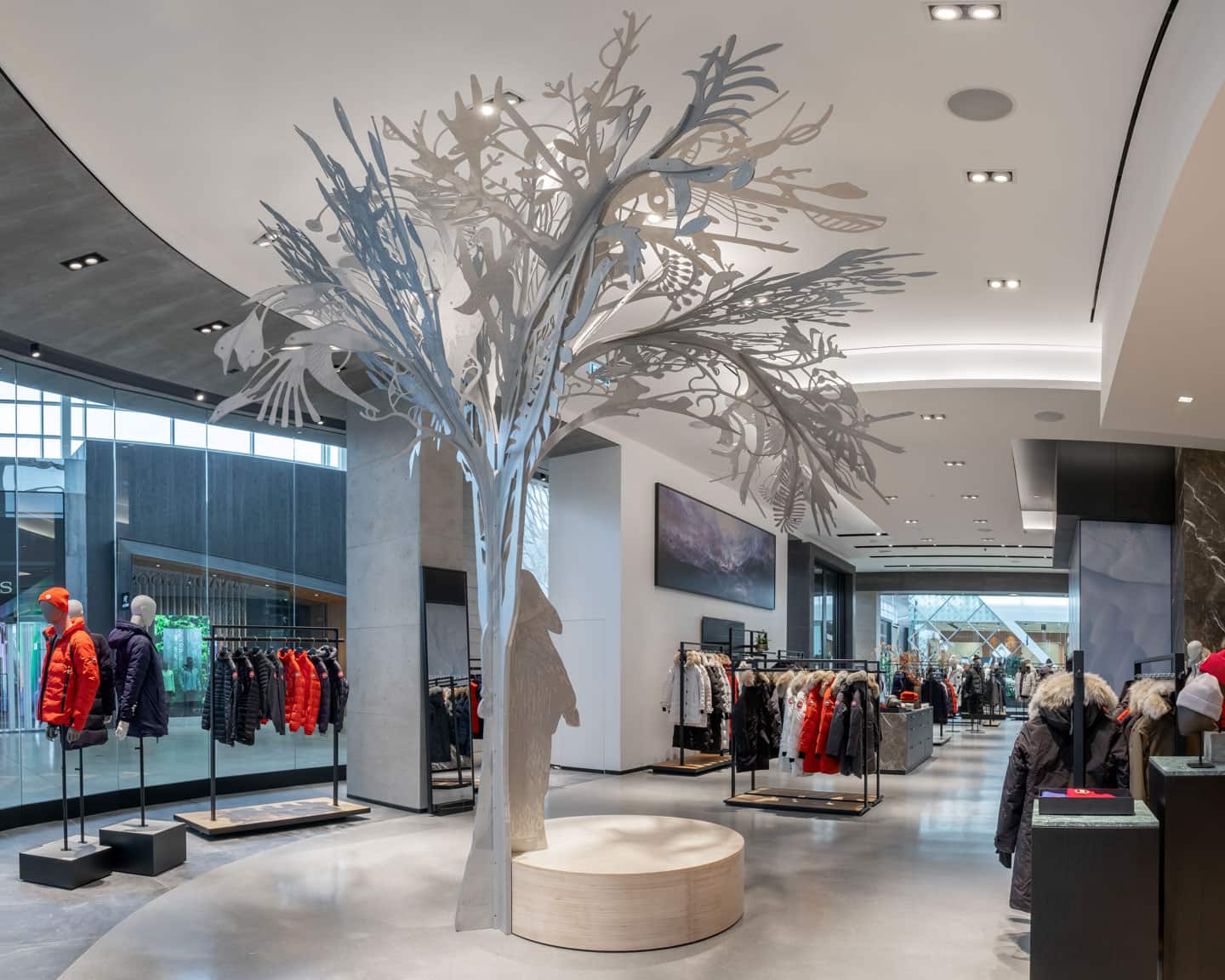 Alex Fischer & Qavavau Manumie, Story Tree, 2020, in situ Canada Goose, Yorkdale Mall, Toronto, Canada